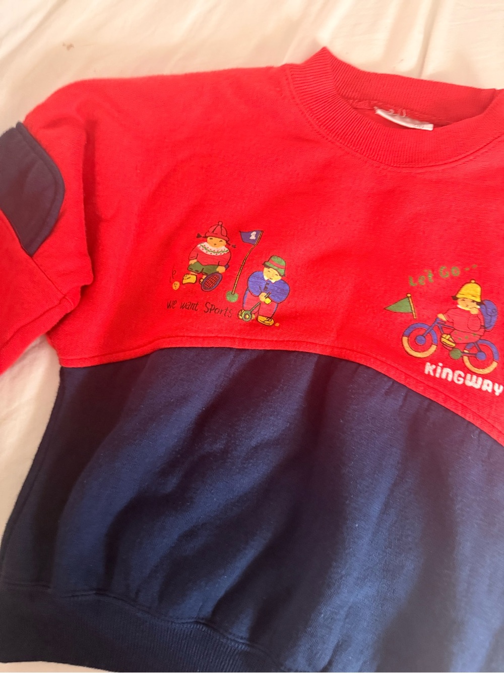 Red and Navy Colorblock Sweatshirt with Kids' Graphics